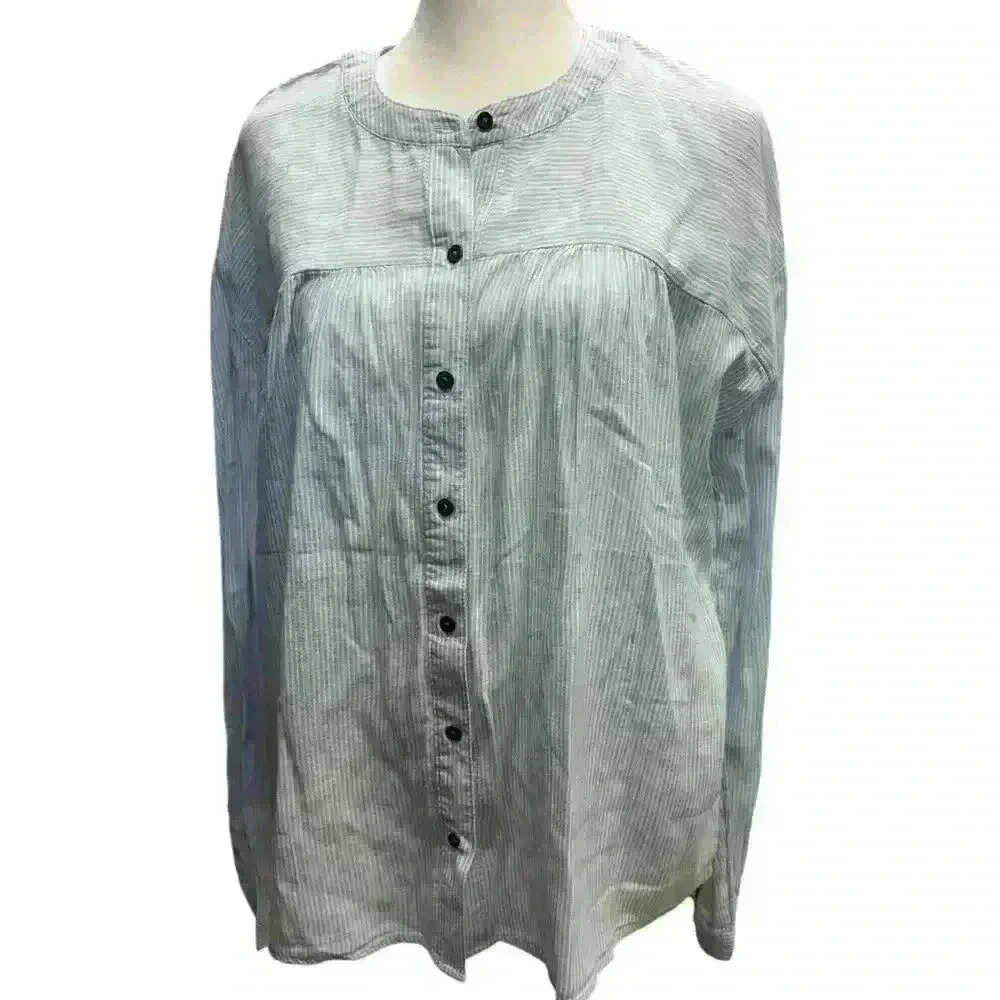 Falls Creek NWT Blue Pinstriped cotton button down moc collar long sleeve Top M
